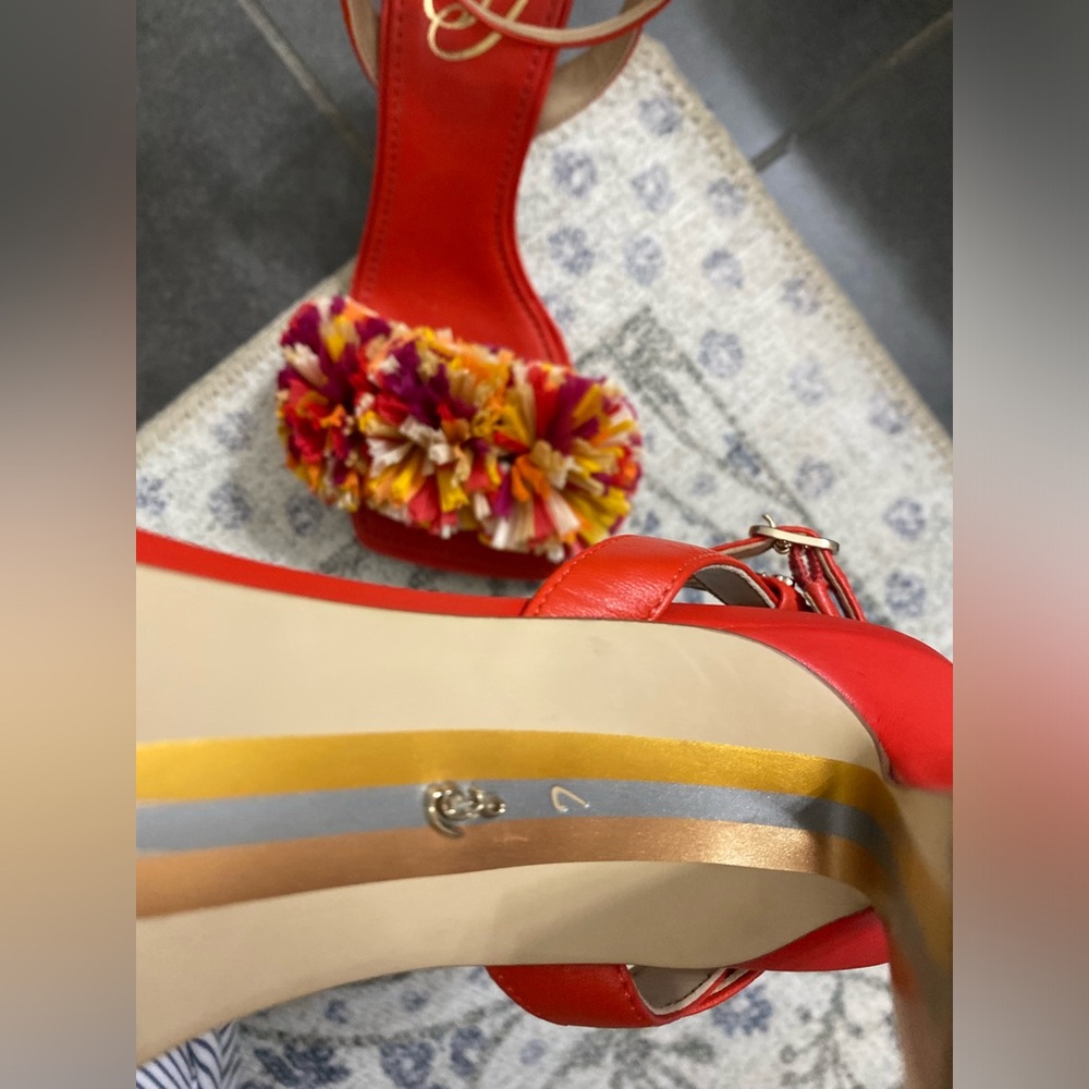 Sam Edelman Red Ankle-Strap Heels with Multicolor Pom Accents - Picture 2 of 3